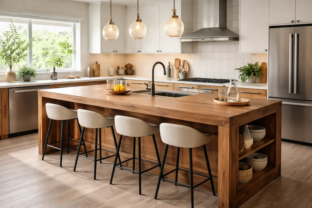 Îlot central en bois massif servant de plan de travail, bar et rangement dans une cuisine moderne.