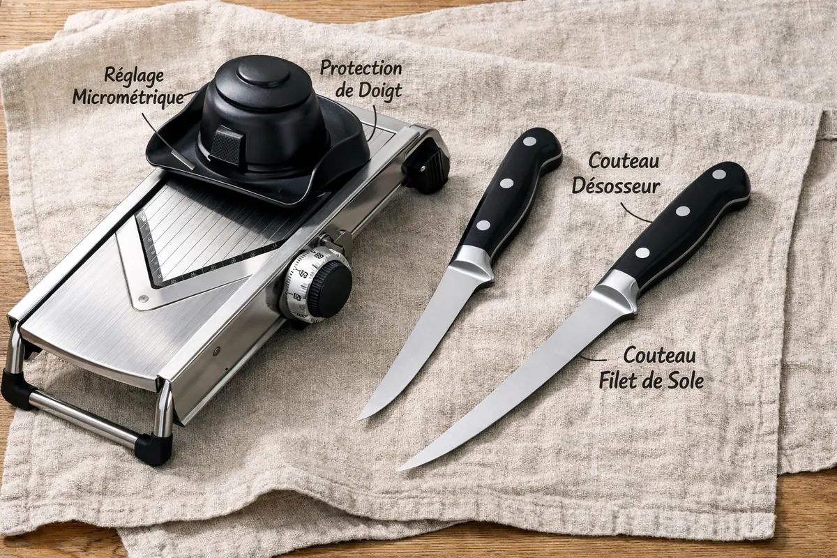 Mandoline inox réglable et couteaux spécialisés pour découpe avancée.