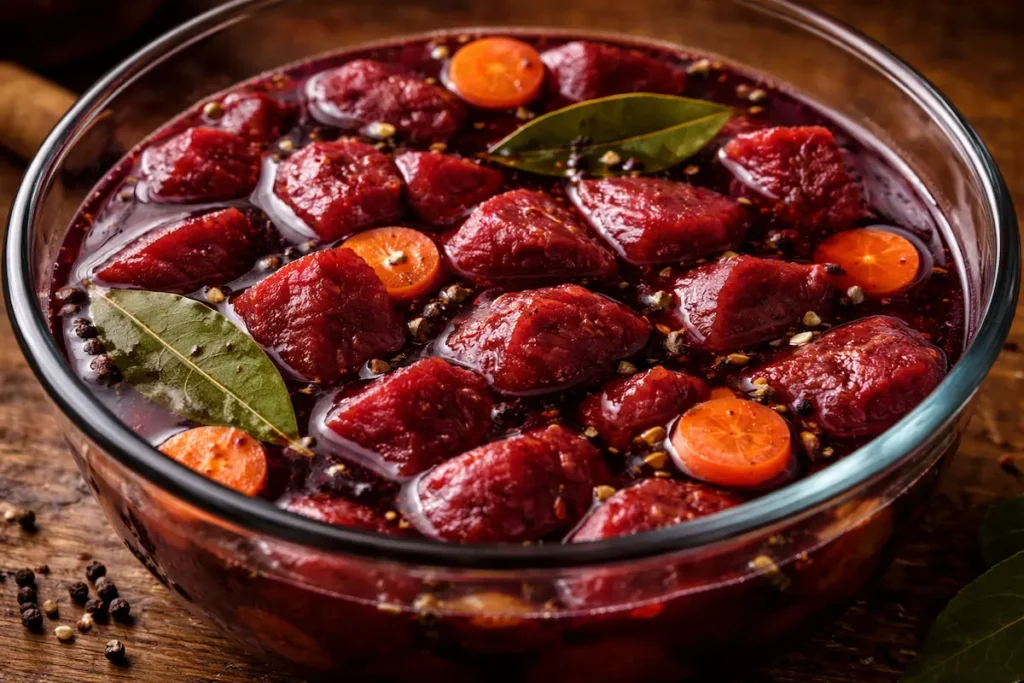 Morceaux de sanglier marinant dans du vin rouge avec aromates et légumes émincés dans un grand récipient en verre.