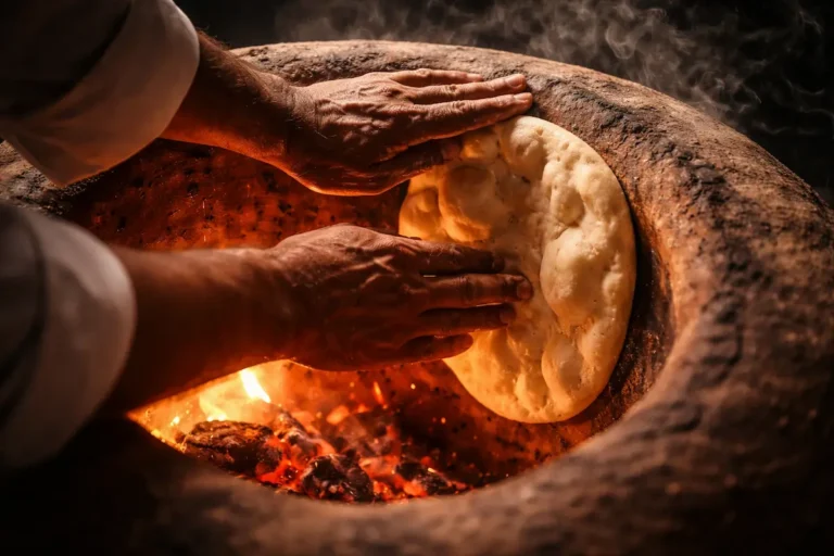 Un chef indien expert utilisant un tandoor traditionnel pour cuire un naan, ambiance chaleureuse et fumée parfumée. meilleur restaurant indien
