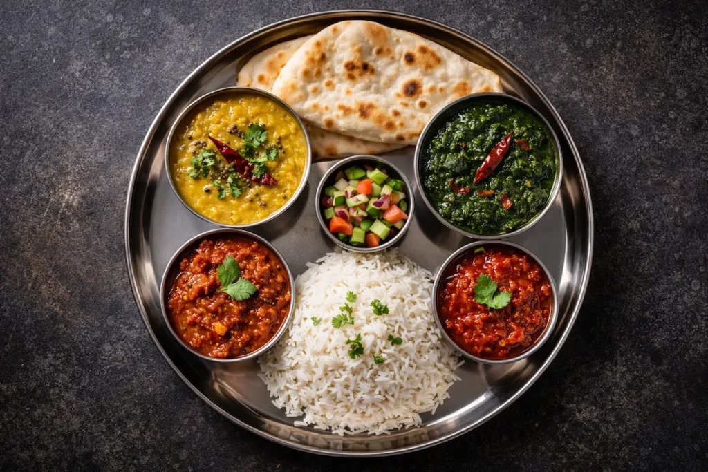 Plateau thali circulaire en métal avec sept petits bols (katoris) contenant des préparations végétariennes colorées.