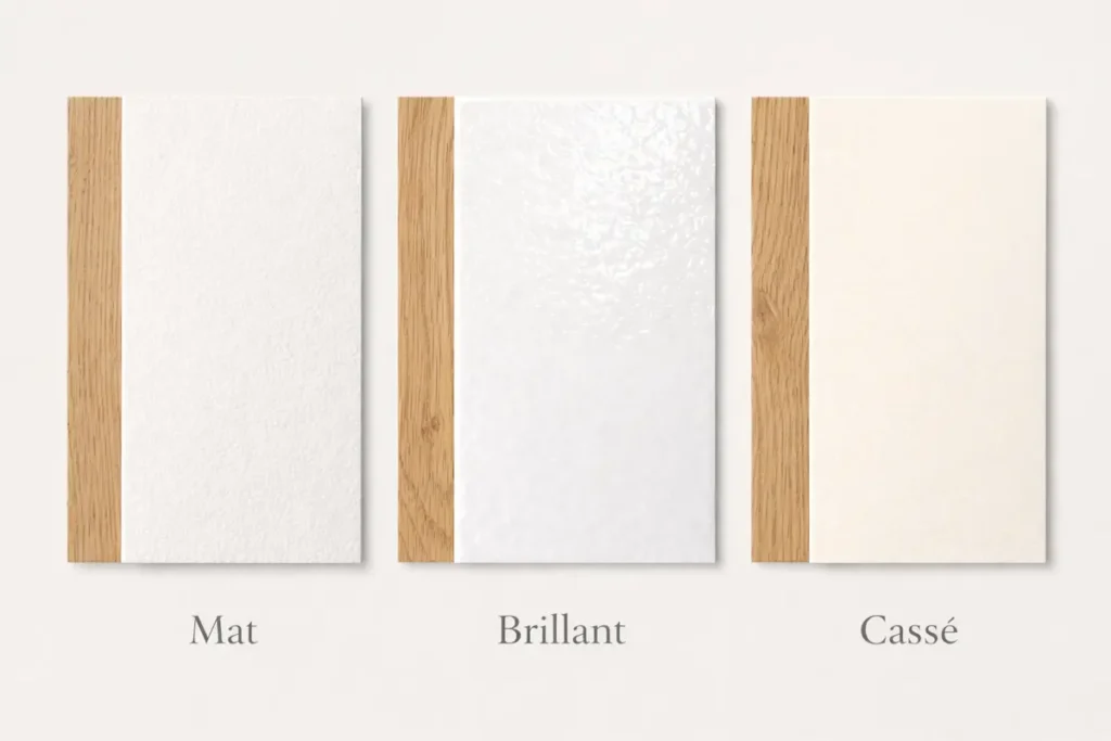 Infographie présentant les différences entre blanc mat, blanc brillant et blanc cassé.