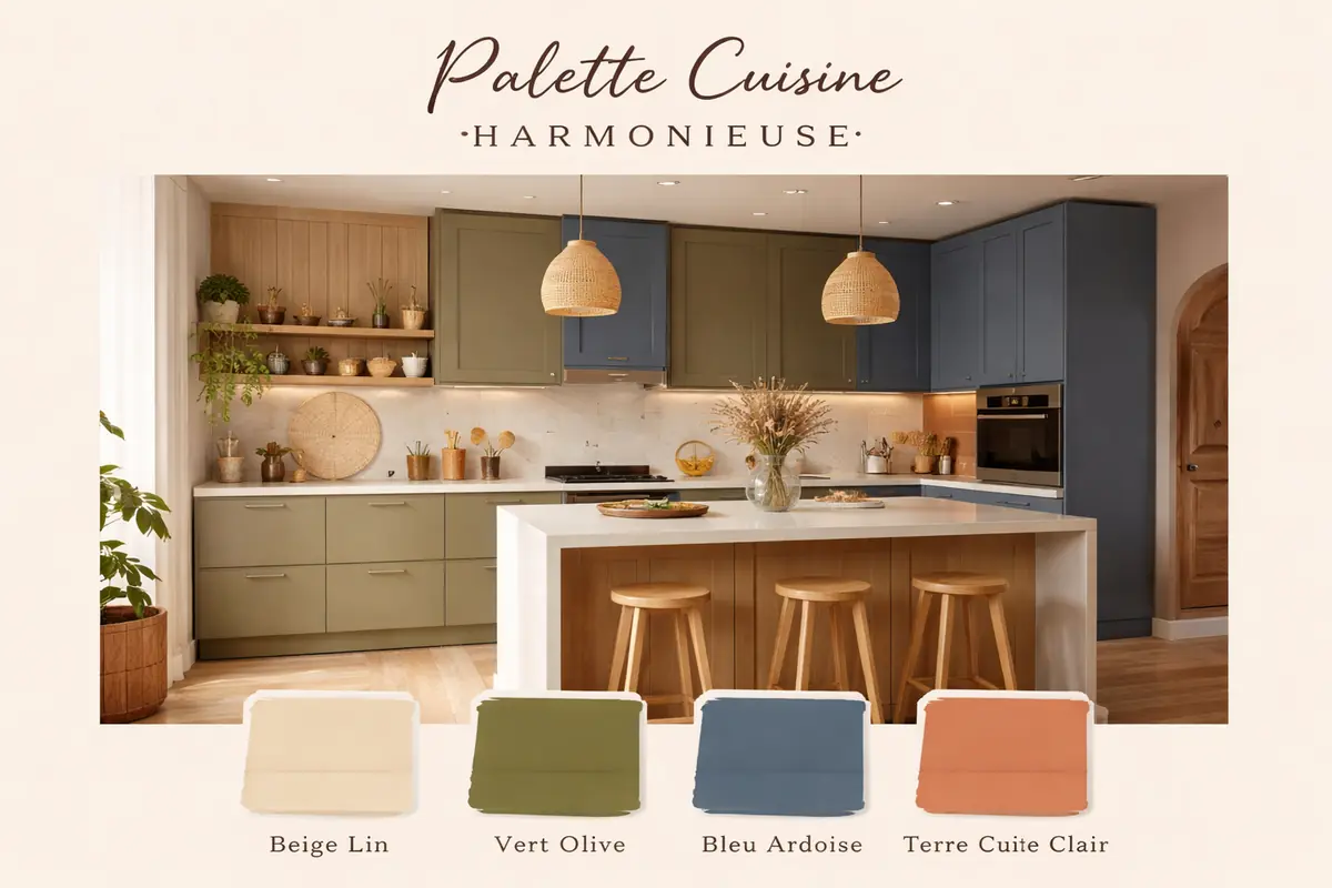 Palette de couleurs harmonieuses pour une cuisine en bois : blanc lin, vert olive, bleu ardoise et terracotta clair.