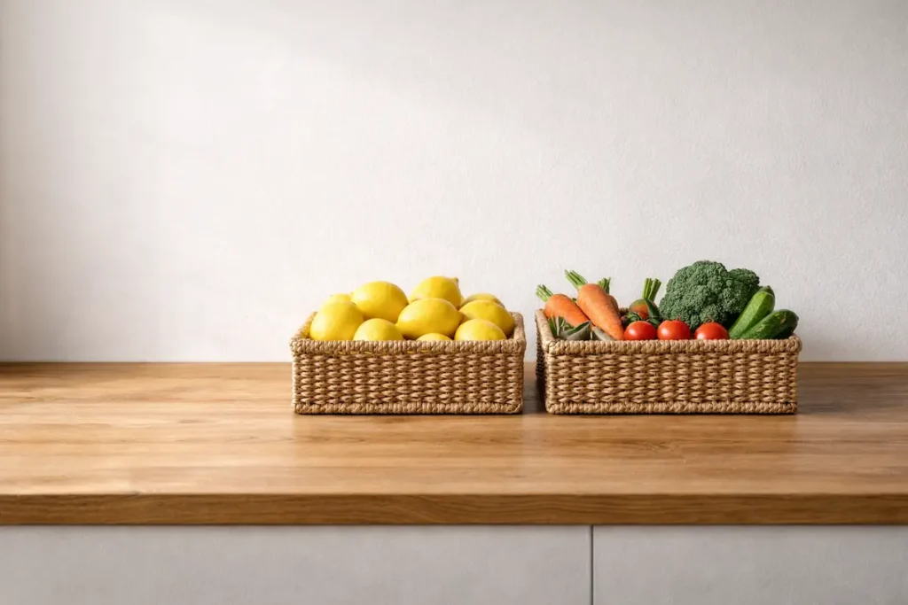 Paniers rectangulaires en osier alignés sur un plan de travail pour ranger des fruits et légumes.