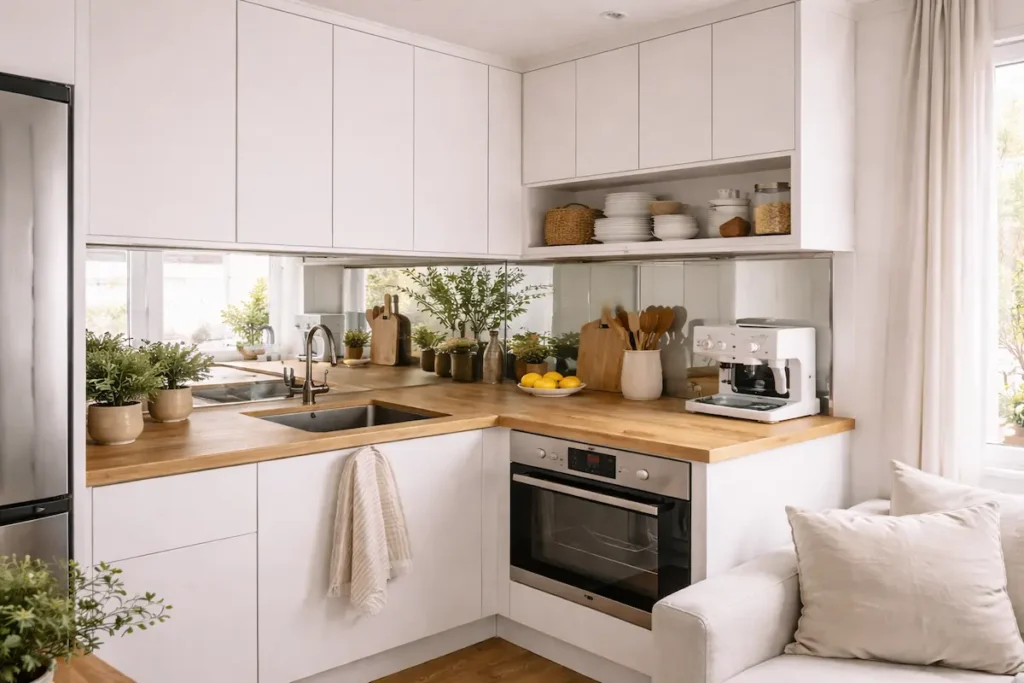 Aménagement d'une petite cuisine en L blanche et bois pour optimiser l'espace et la lumière.