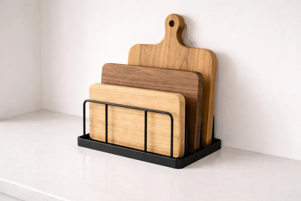 Support métallique vertical maintenant plusieurs planches à découper en bois rangées debout.