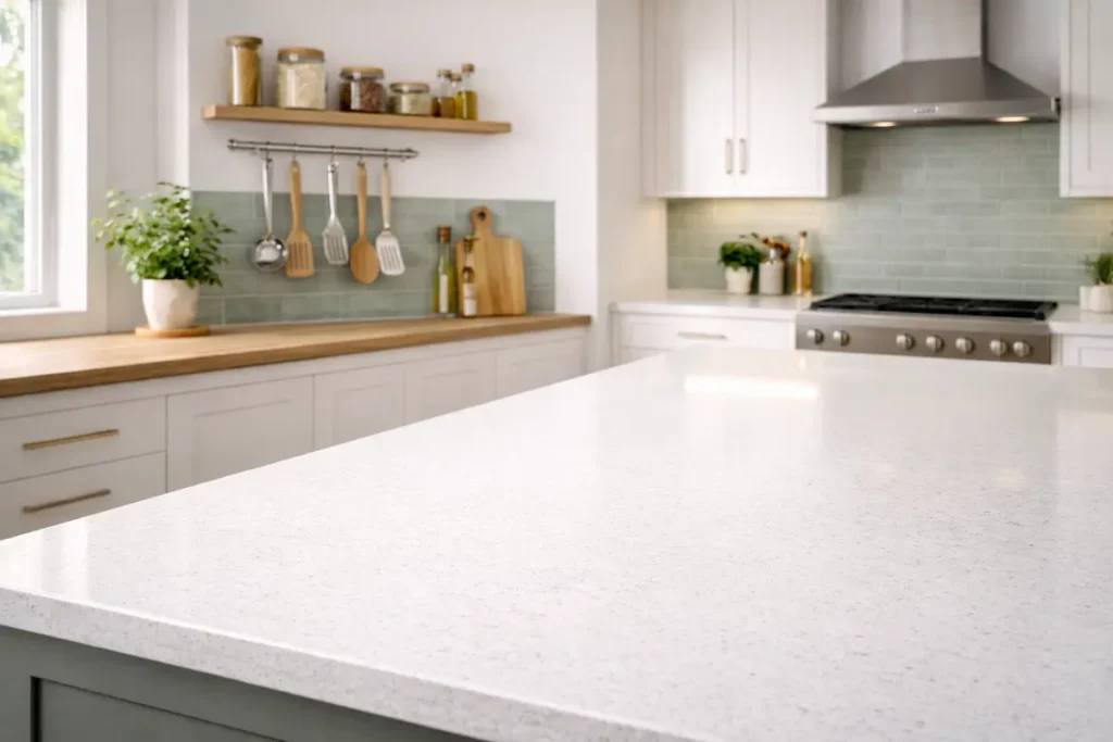 Vaste plan de travail de cuisine parfaitement rangé, illustrant les meilleures méthodes de rangement d'un plan de travail de cuisine.