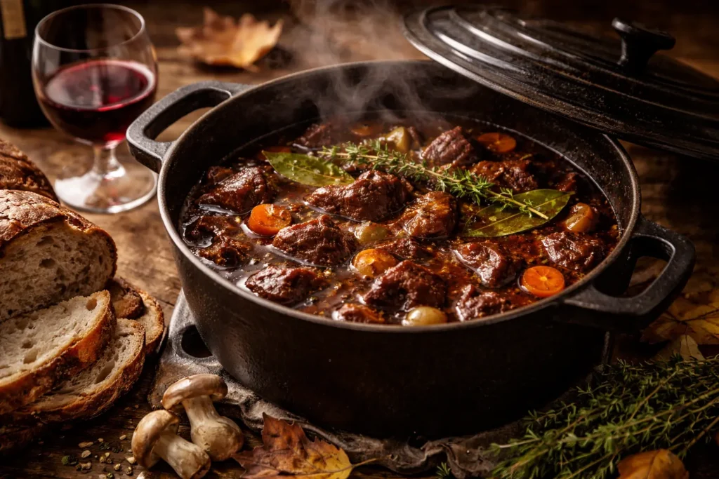 Une somptueuse tablée d'automne présentant une cocotte de civet de sanglier traditionnel fumant, entourée d'un verre de vin rouge et d'ingrédients forestiers.