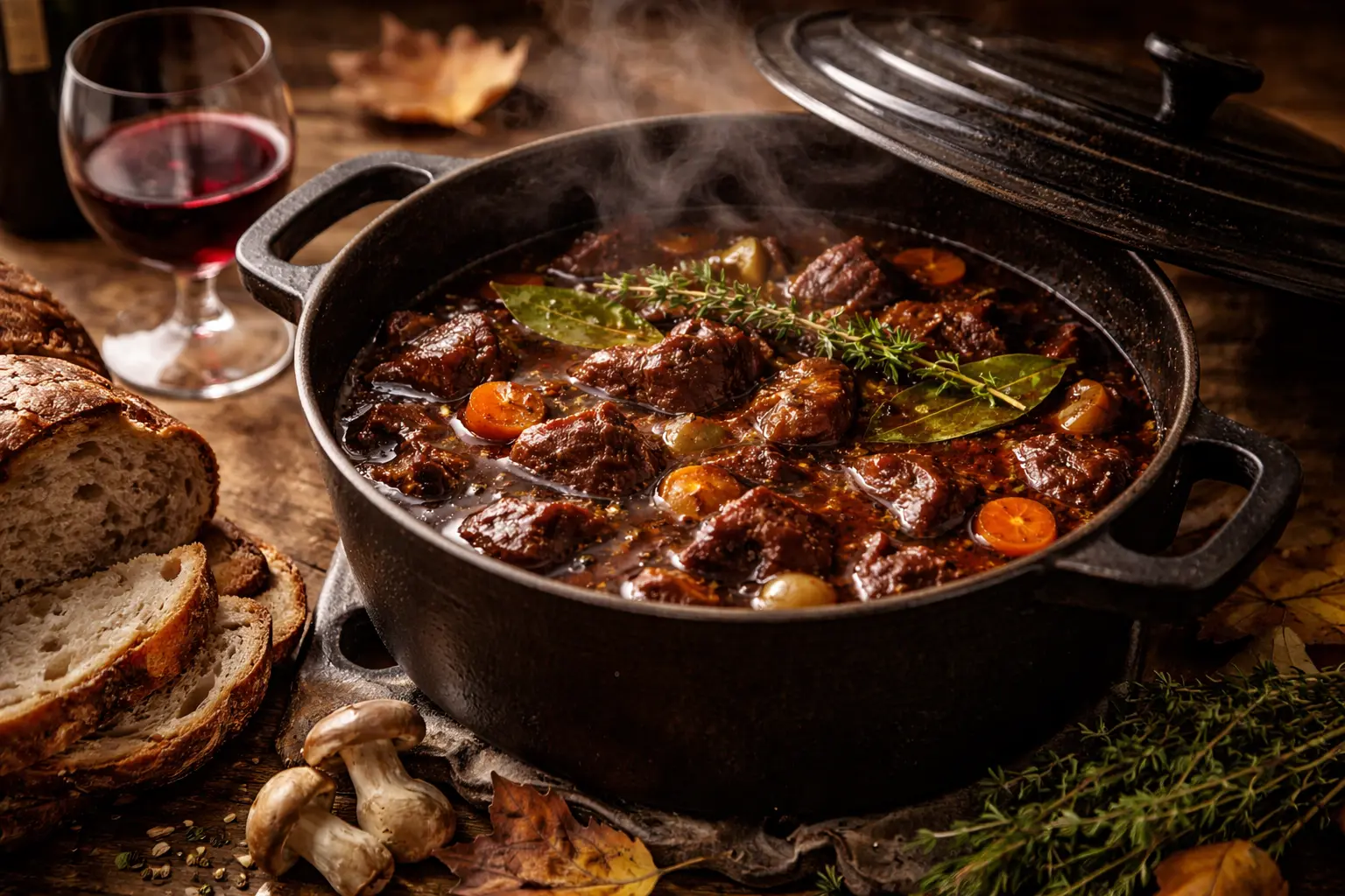Une somptueuse tablée d'automne présentant une cocotte de civet de sanglier traditionnel fumant, entourée d'un verre de vin rouge et d'ingrédients forestiers.