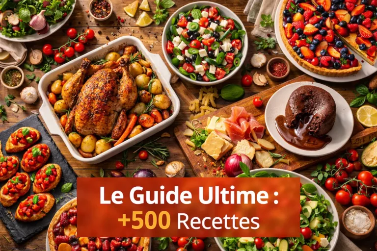 Table de festin vue de haut présentant une multitude de recettes de cuisine variées : poulet rôti doré, salades composées fraîches et desserts gourmands, illustrant la diversité du guide.