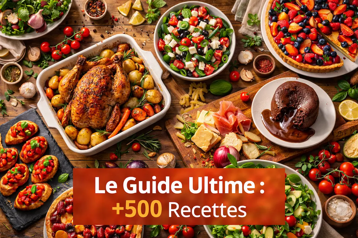 Table de festin vue de haut présentant une multitude de recettes de cuisine variées : poulet rôti doré, salades composées fraîches et desserts gourmands, illustrant la diversité du guide.
