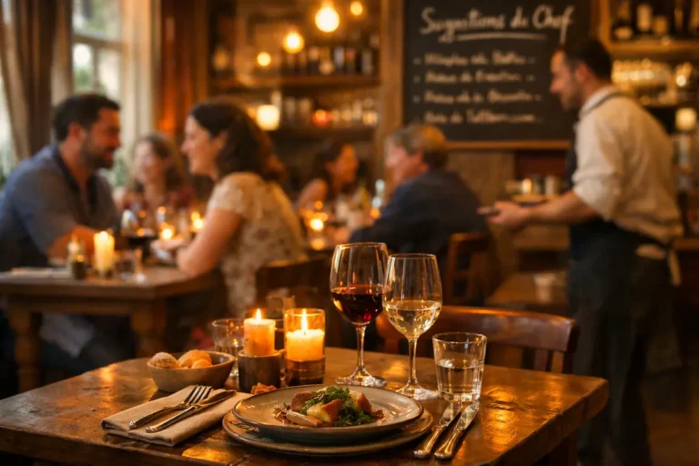 Ambiance chaleureuse et gourmande d'un restaurant, reflétant la promesse d'une expérience réussie "restaurant autour de moi".