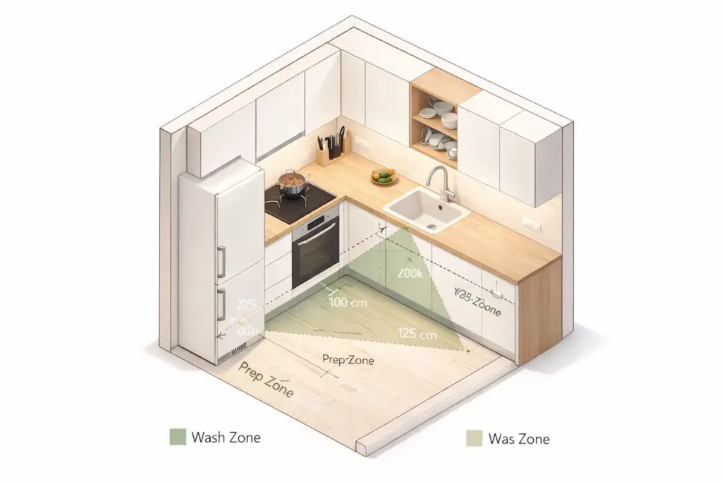 Schéma 3D du triangle d'activité dans une petite cuisine montrant les distances ergonomiques optimales entre l'évier, le réfrigérateur et les plaques de cuisson.