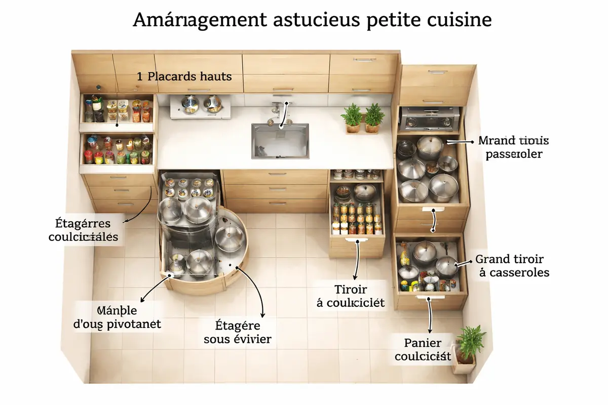 Schéma d'aménagement d'une petite cuisine en bois avec solutions de rangement intelligentes : étagères coulissantes, meubles hauts, teintes claires.