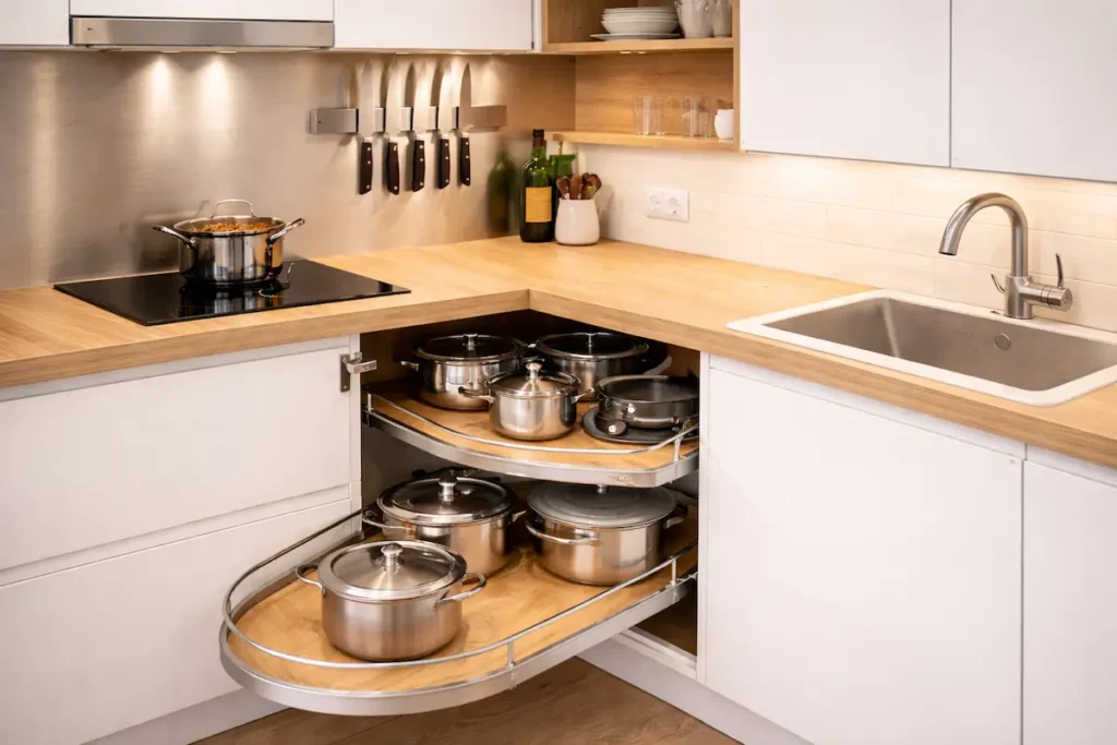 Photographie d'une petite cuisine exploitant sa hauteur avec des étagères murales, un tiroir d'angle coulissant et une barre de crédence.