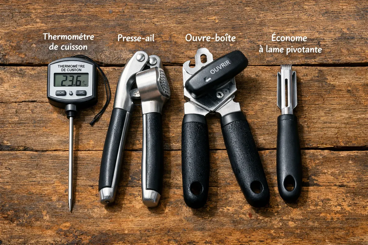 Thermomètre de cuisine à sonde, presse-ail, ouvre-boîte manuel et économe.