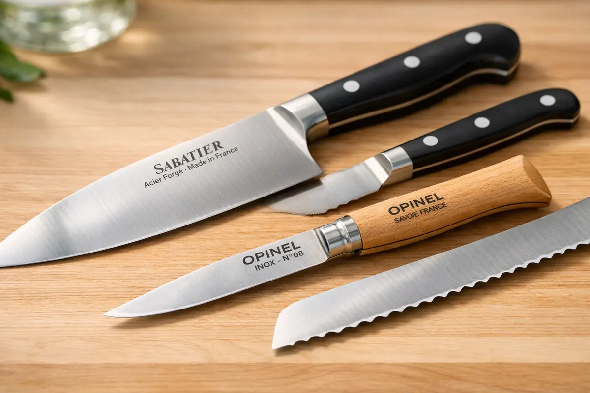 Trois couteaux essentiels de cuisine : chef, office et pain, lames visibles sur bois