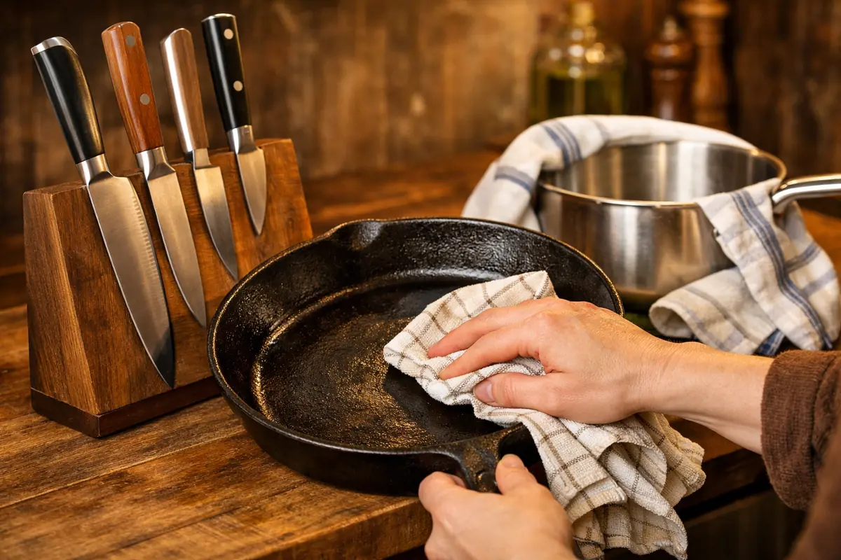 Tutoriel entretien matériel de cuisine : poêle en fonte, couteaux et casserole inox.