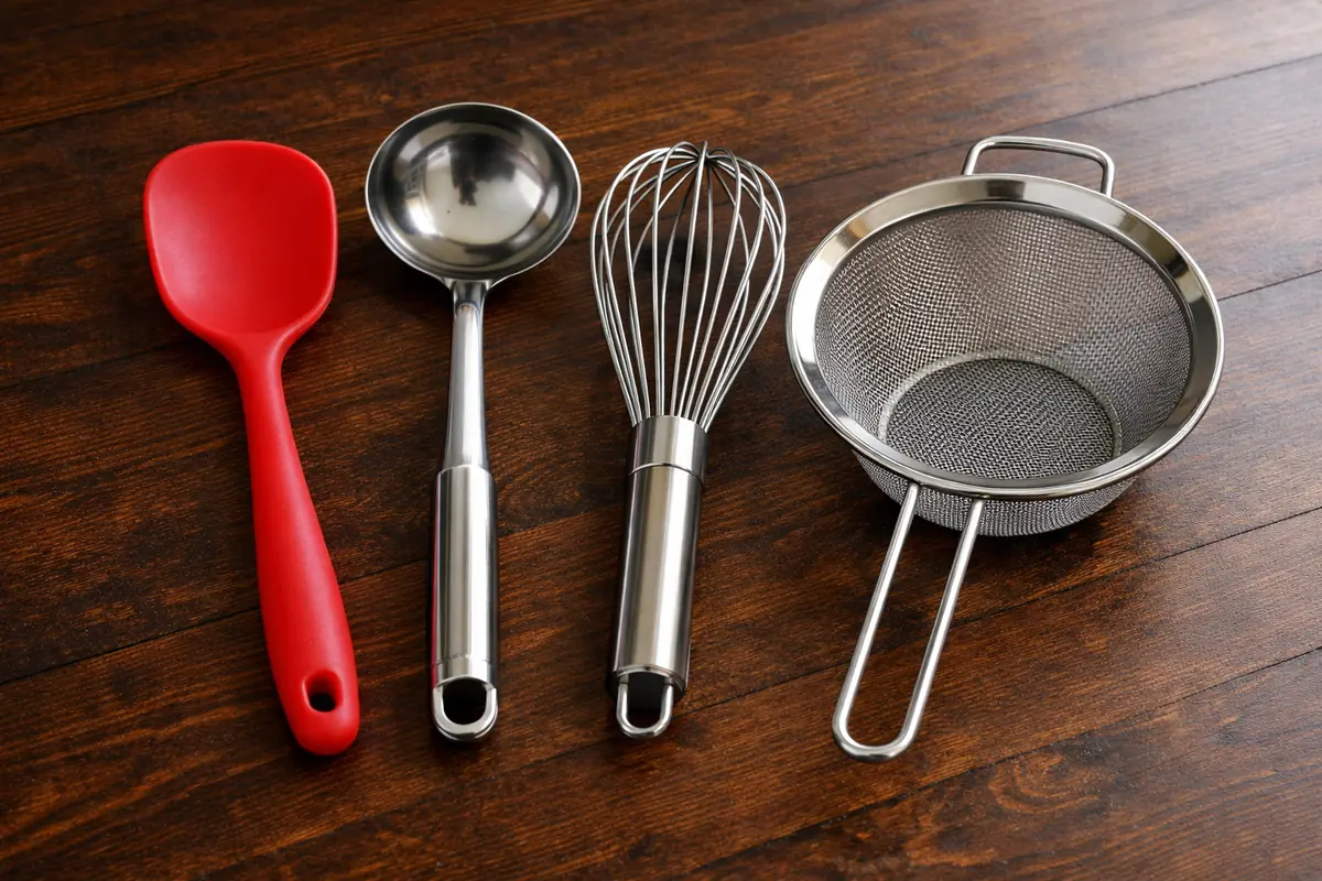 Ustensiles de cuisine essentiels : maryse rouge, louche inox, fouet ballon et passoire.