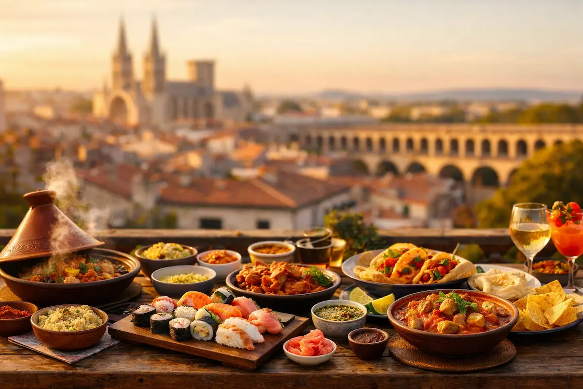 Table richement garnie de plats de cuisine du monde variés sur une terrasse surplombant le centre historique de Montpellier au coucher du soleil. restaurant cuisine du monde