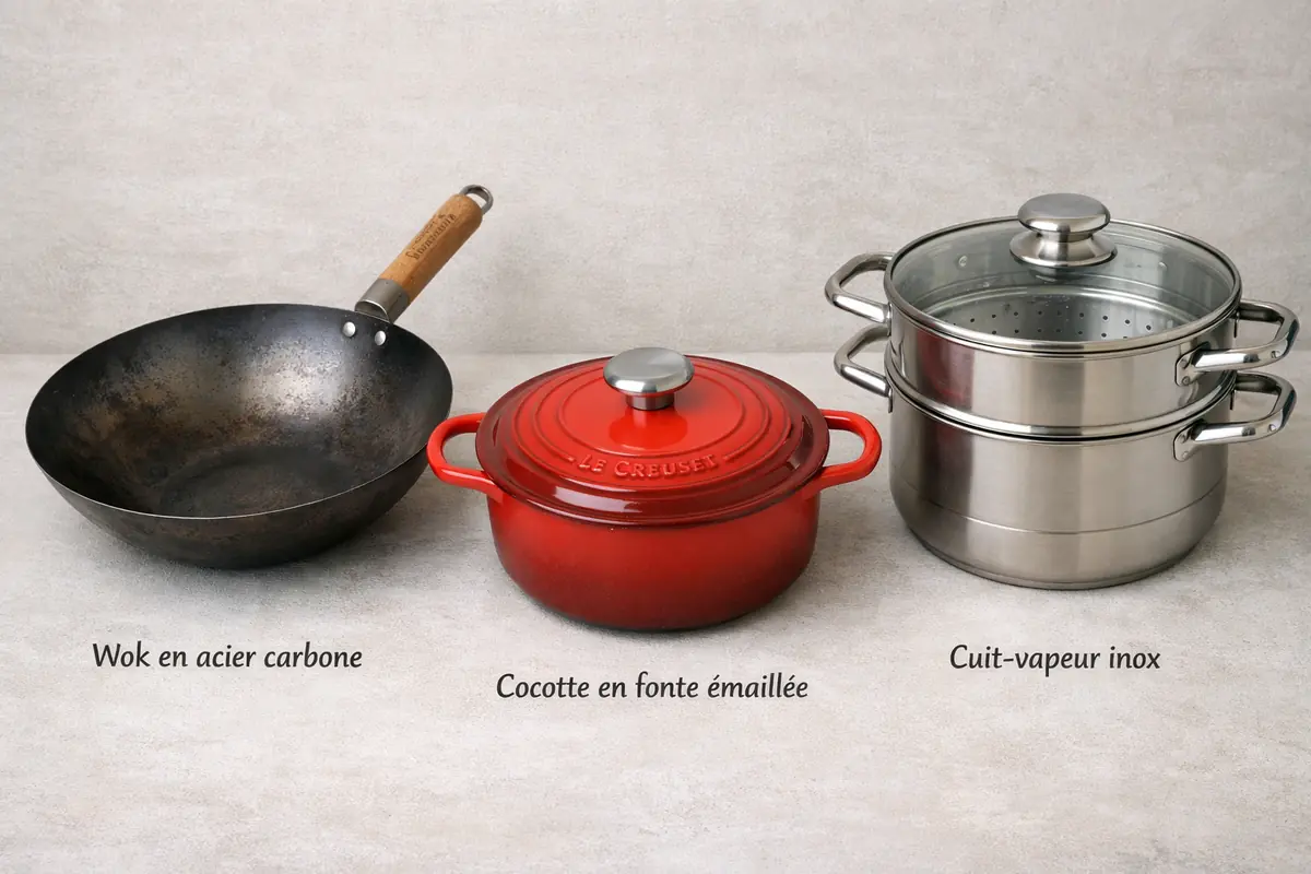 Wok en acier carbone, cocotte en fonte rouge et cuit-vapeur inox à deux étages.