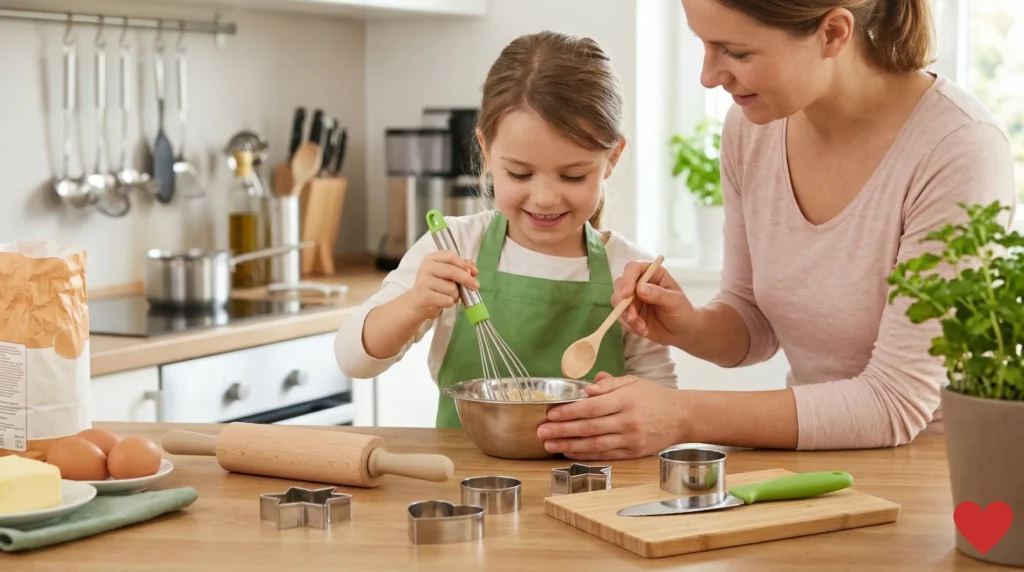 Une petite fille en tablier vert manipule avec précision un ustensile cuisine enfant sous le regard bienveillant de sa mère.