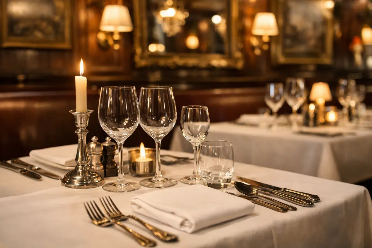 restaurant-france-table-gastronomique Ambiance chaleureuse d'un restaurant français typique, table dressée avec soin, lumière douce.