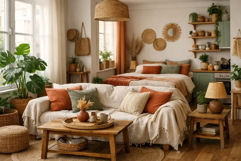 amenagement pour studio chaleureux et optimisé, ambiance cocooning et design intelligent. 