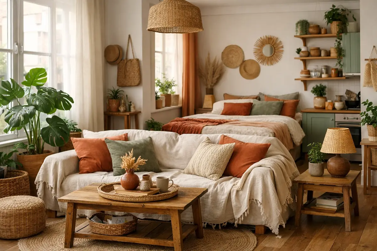 amenagement pour studio chaleureux et optimisé, ambiance cocooning et design intelligent.