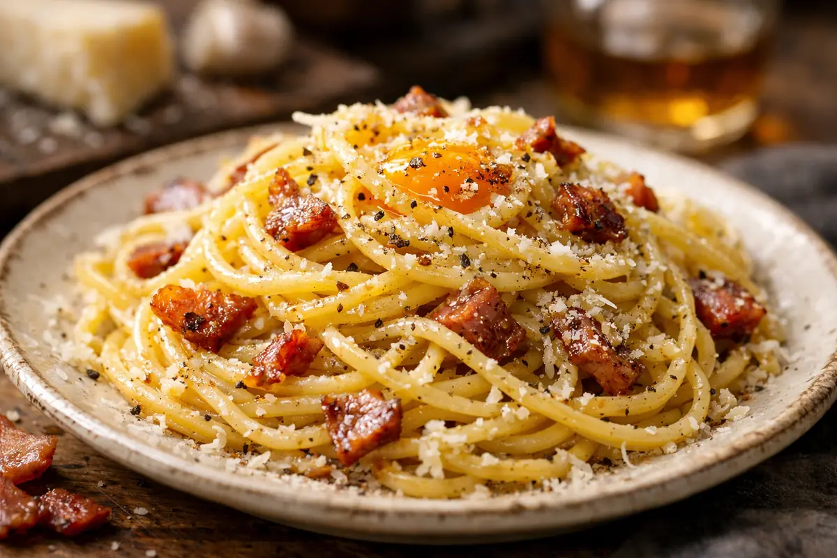 Assiette de pâtes à la carbonara sans crème, lardons croustillants et parmesan râpé.