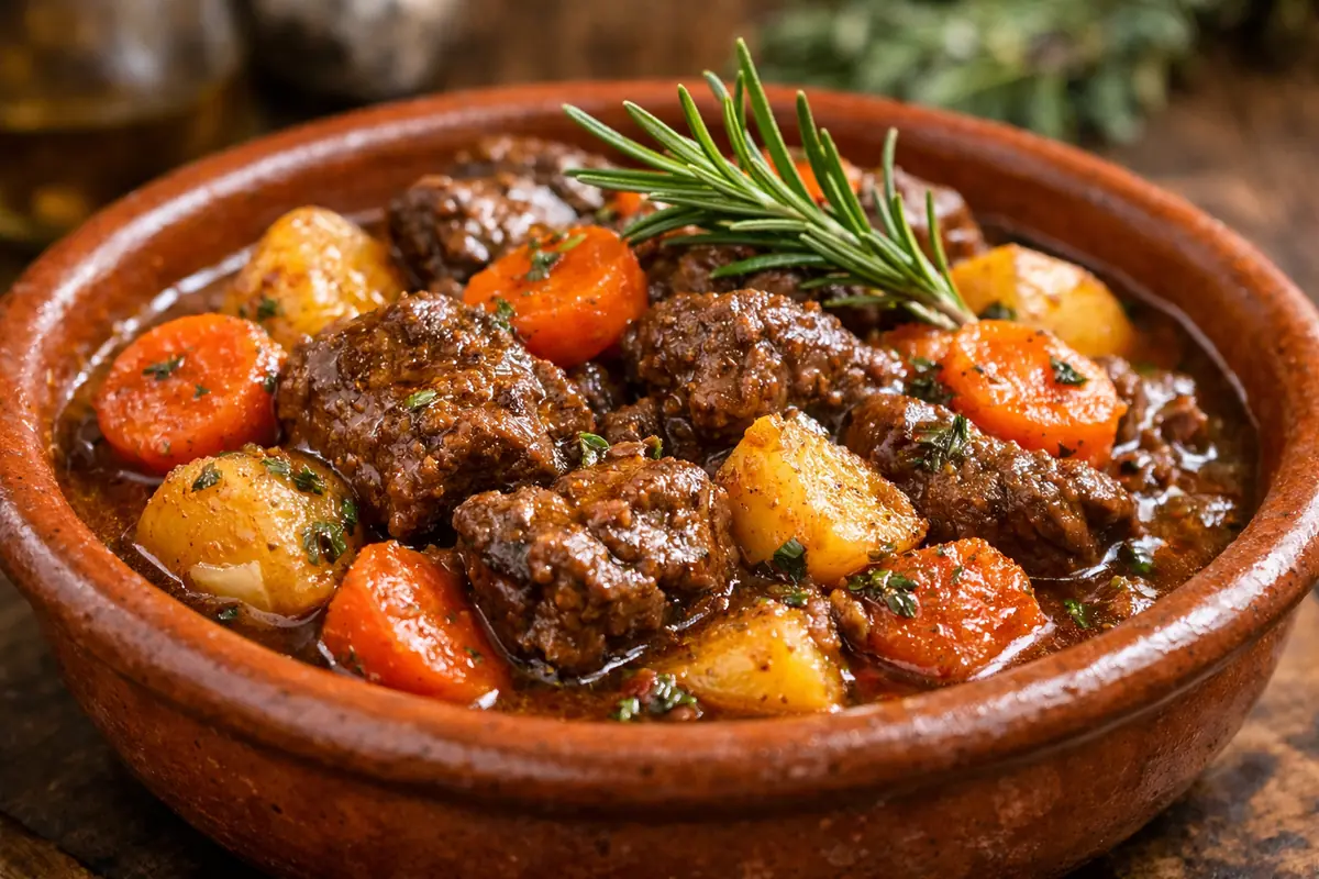Assiette de Stufatu corse, un ragoût de bœuf mijoté avec des légumes et des herbes du maquis, servi dans un plat en terre cuite.