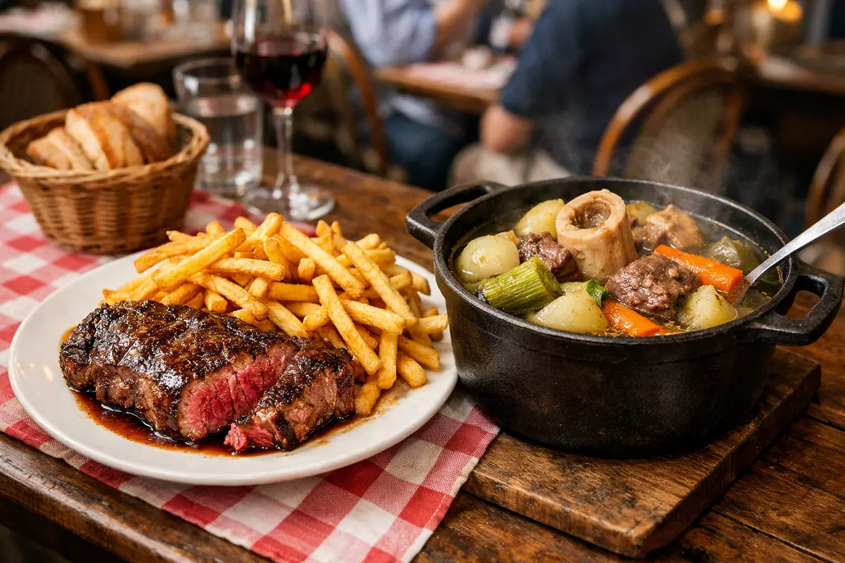 Assiette généreuse de steak frites et pot-au-feu, servie dans un bistrot parisien typique avec table en bois et nappes à carreaux.