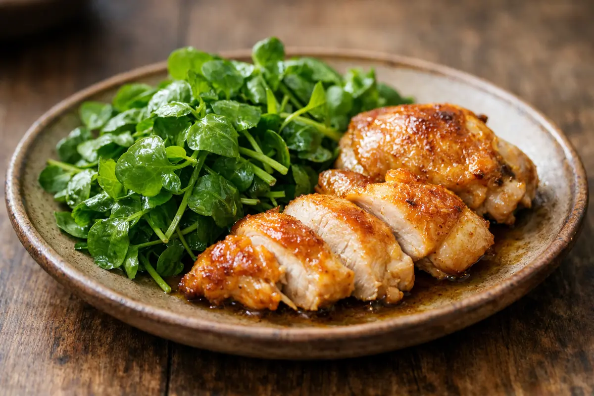 Assiette simple présentant un plat typique de l'Essonne à base de cresson frais et volaille locale, mettant en valeur les produits du terroir.