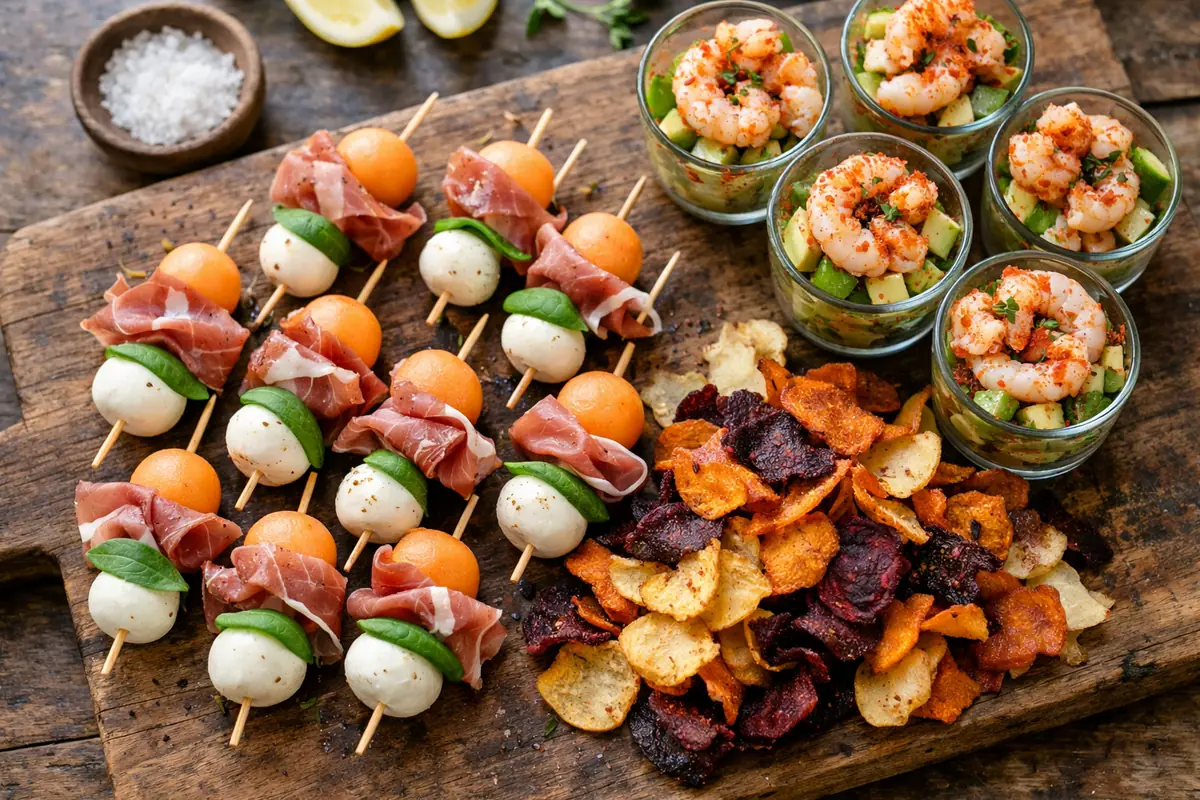 Assortiment appétissant d'amuse-gueules créatifs : brochettes melon-jambon, verrines avocat-crevettes, chips de légumes racines.