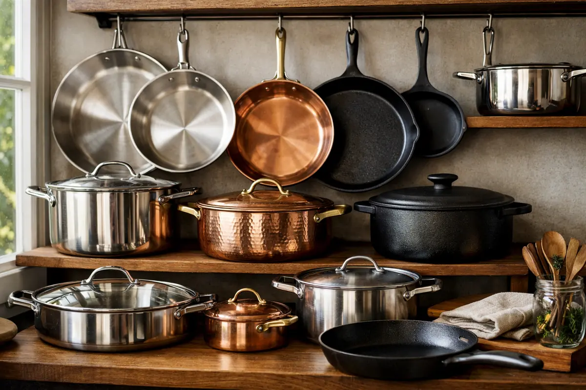 Batterie de cuisine complète et ordonnée, présentant une variété d'ustensiles : casseroles, poêles, sauteuse et faitout.
