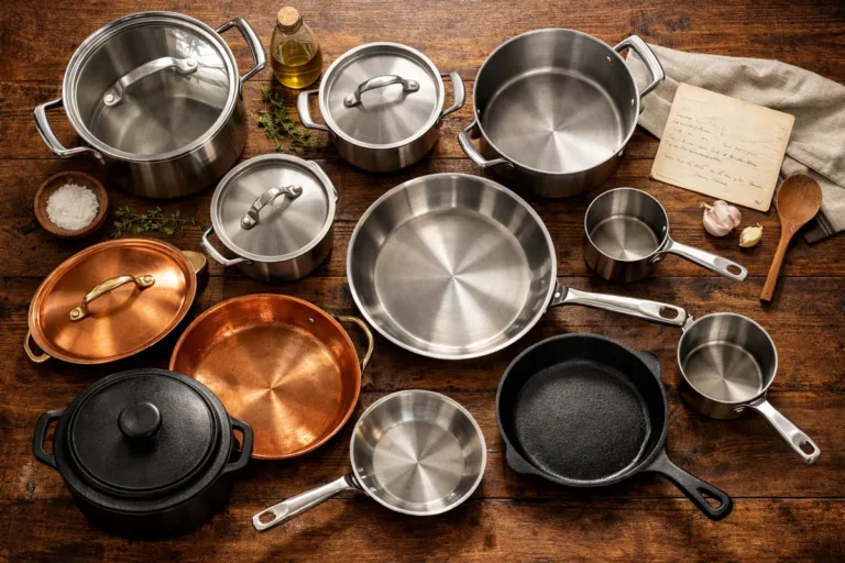 Batterie de cuisine complète et étincelante, ambiance chaleureuse et professionnelle.