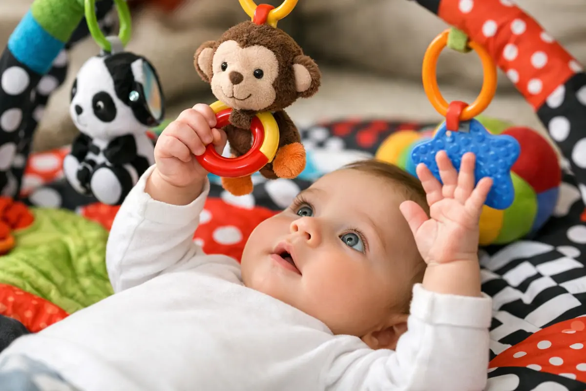 Bébé explorant un tapis d'éveil coloré avec des jouets suspendus, stimulant sa motricité et ses sens.