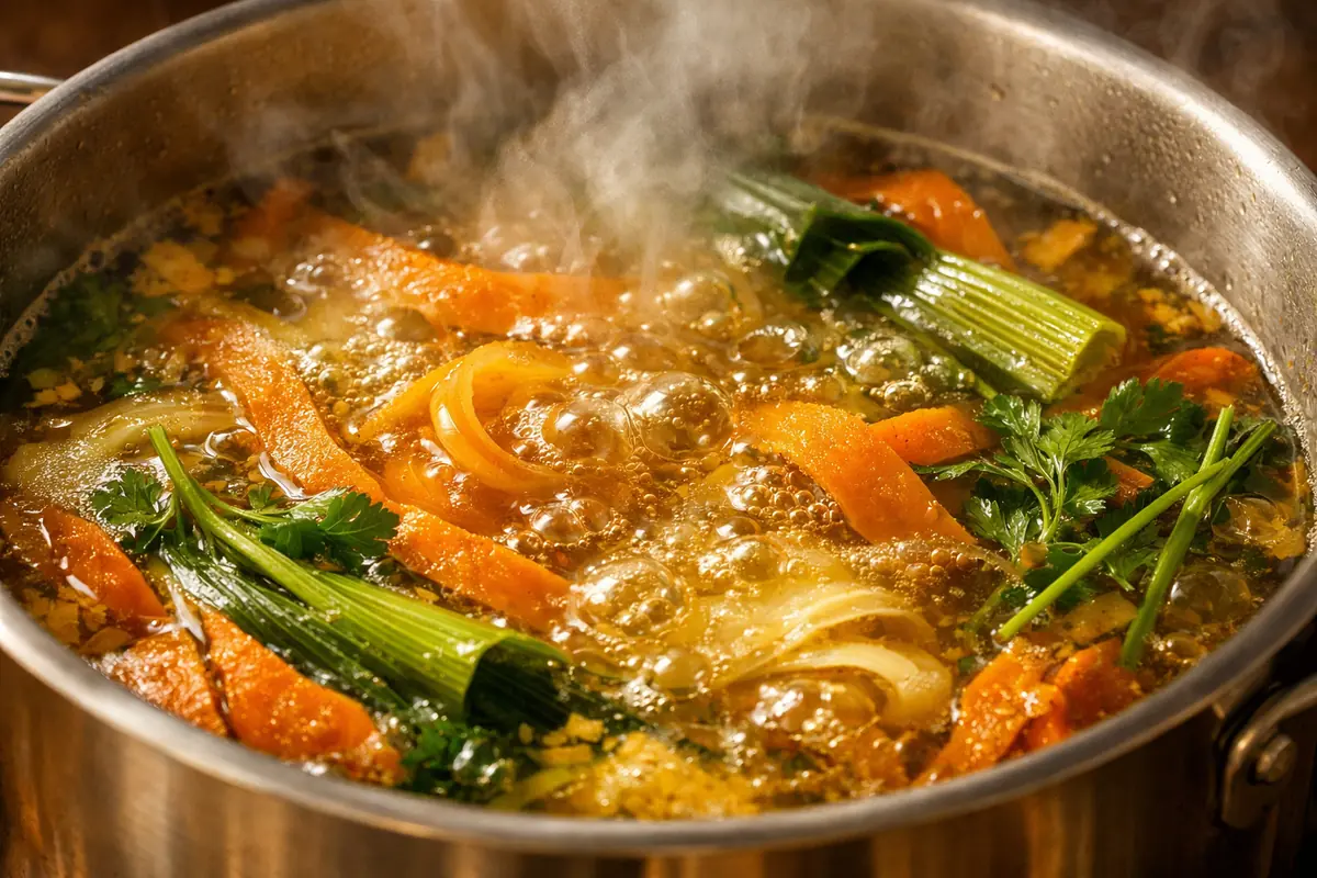 bouillon-legumes-epluchures-fanés-anti-gaspillage Bouillon de légumes doré préparé avec des épluchures et des fanés dans une grande casserole en acier inoxydable, en ébullition douce.