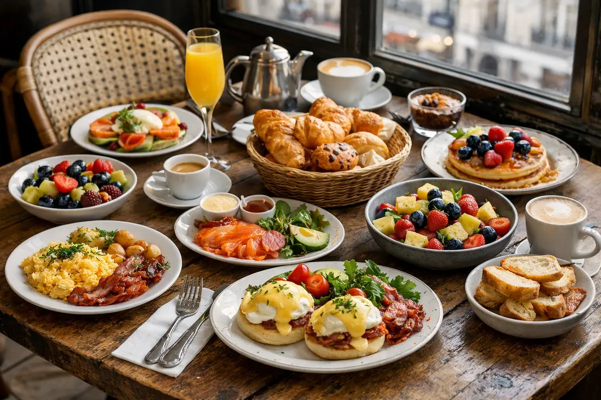 Brunch copieux et appétissant dans un café parisien, avec œufs, viennoiseries et fruits frais disposés sur une table en bois.
