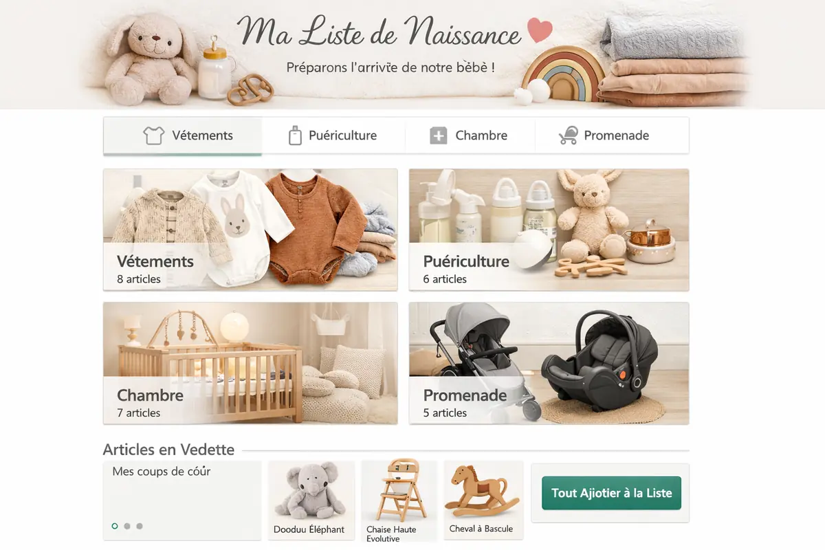 Capture d'écran d'une liste de naissance en ligne bien organisée, avec des catégories claires et des visuels attrayants.