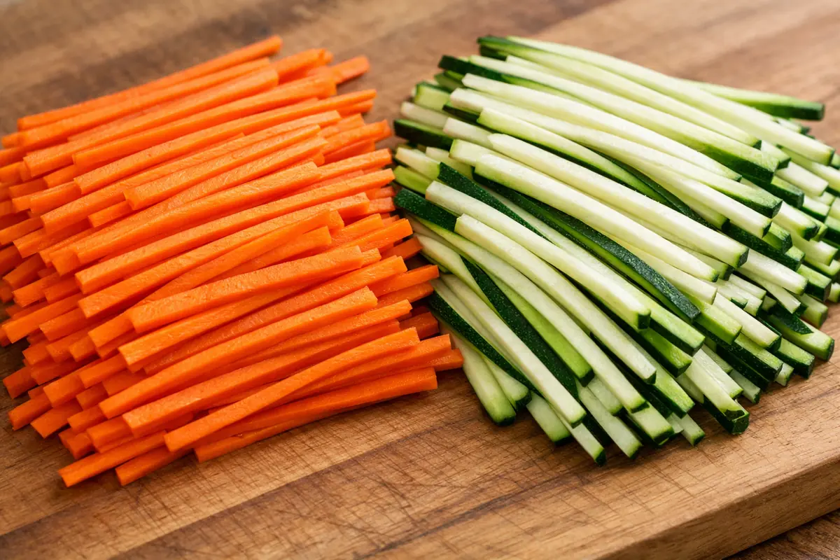 legumes-julienne-coupe-fine.jpg Carottes et courgettes coupées en julienne, bâtonnets réguliers et fins, alignés sur une planche à découper en bois.