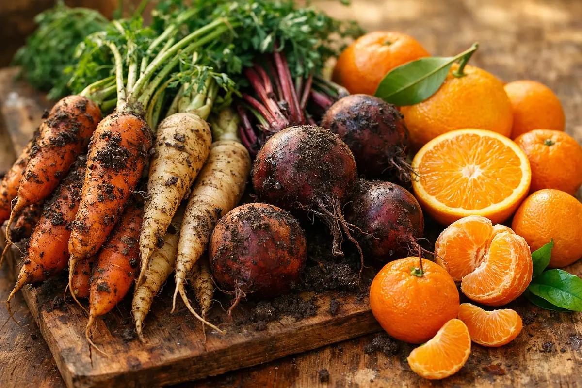legumes-racines-agrumes-saison-hiver Carottes, panais, betteraves et agrumes (oranges, clémentines) fraîchement récoltés, disposés sur une planche de bois rustique.