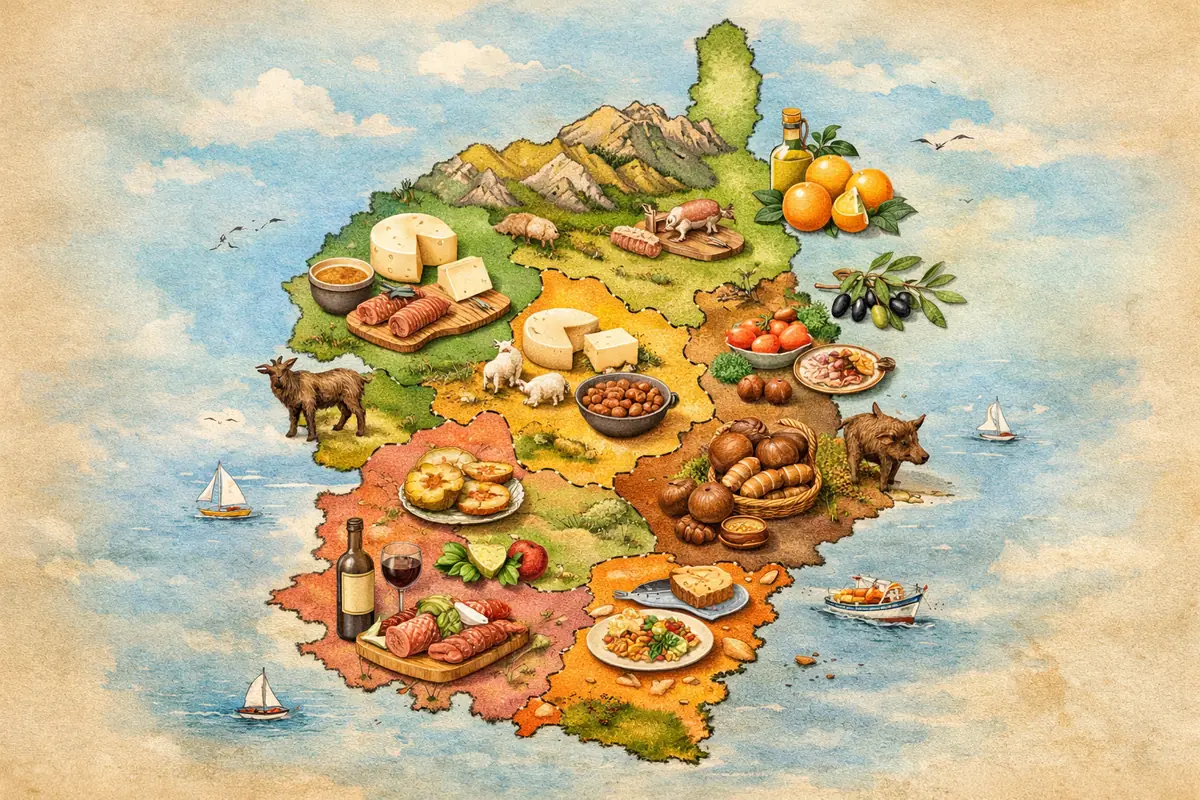 Carte illustrée des régions culinaires de Corse, mettant en évidence les spécialités locales par zone géographique.