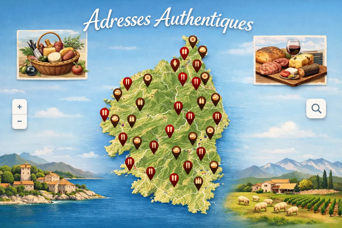Carte interactive de la Corse avec des marqueurs indiquant l'emplacement de restaurants et producteurs proposant une cuisine corse authentique.