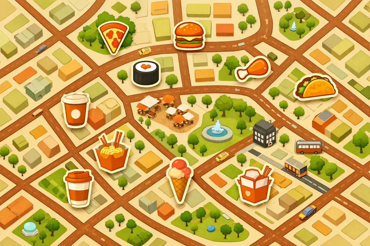 Carte interactive géolocalisant les meilleurs restaurants proposant la vente à emporter dans le quartier.