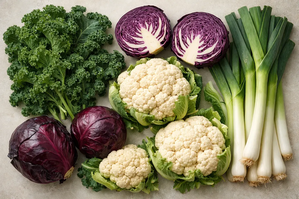 varietes-choux-poireaux-saison-hiver Chou frisé, chou rouge, chou-fleur et poireaux frais présentés sur un fond clair, mettant en évidence leurs différentes formes et couleurs.