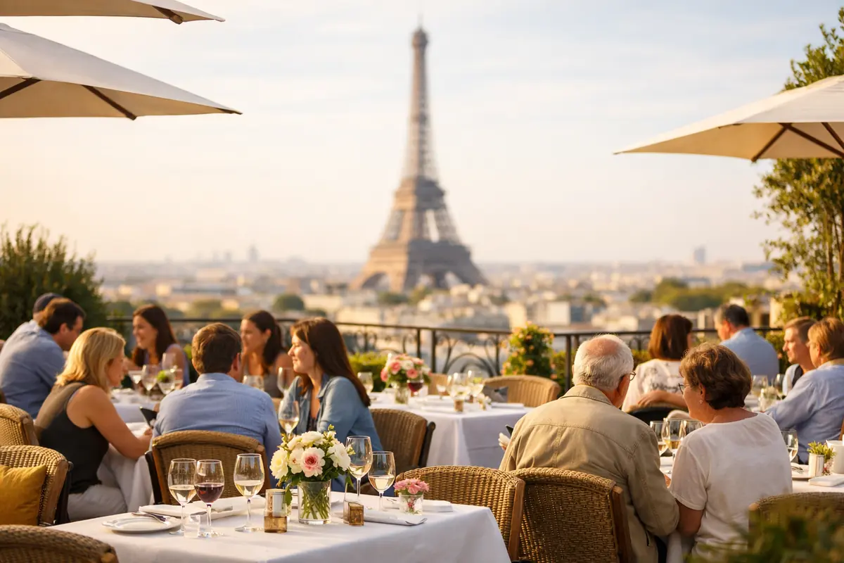 Clients attablés sur une terrasse parisienne ensoleillée avec vue sur un monument emblématique, ambiance détendue et conviviale.