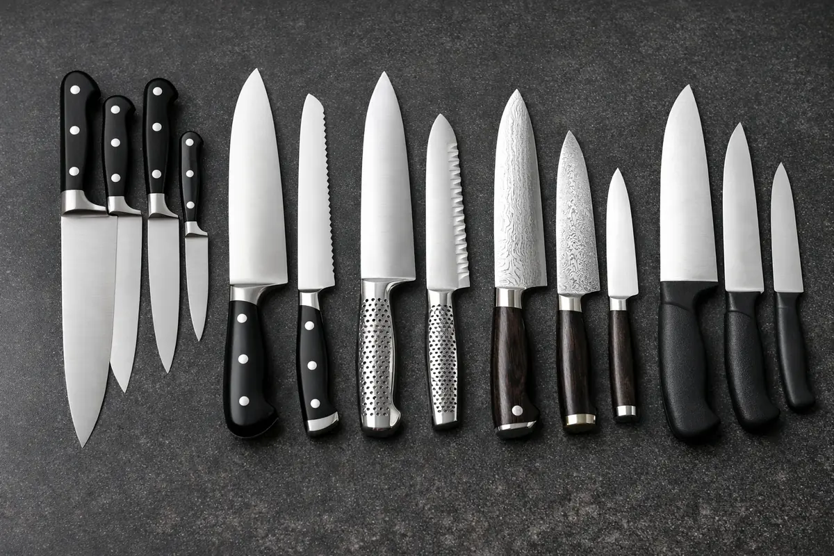 Comparaison de cinq sets de couteaux professionnels de différentes marques présentés côte à côte, mettant en évidence leurs différences de design et de composition.