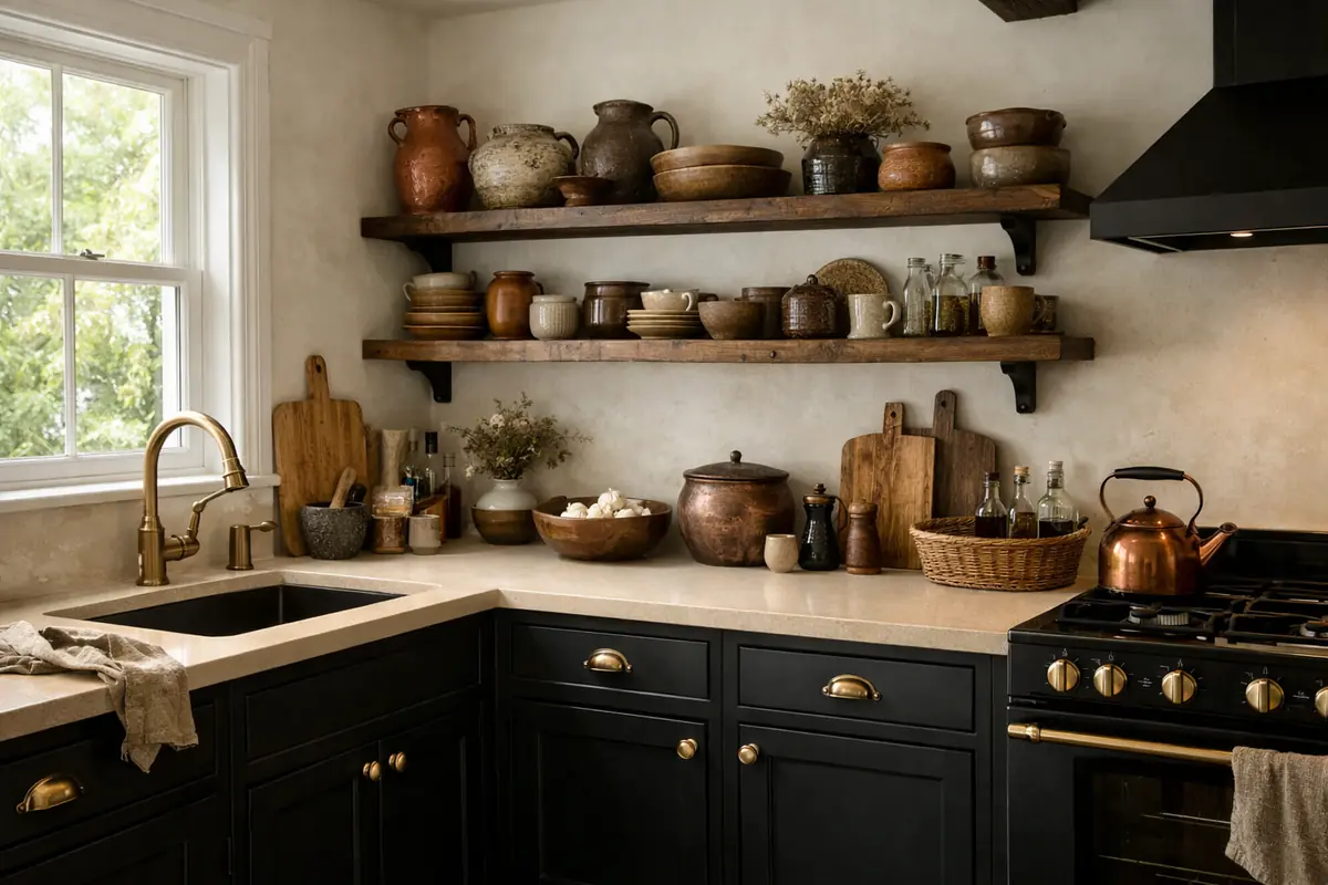 Cuisine avec des meubles noirs mat et un plan de travail beige quartz lumineux, créant un contraste moderne et élégant.