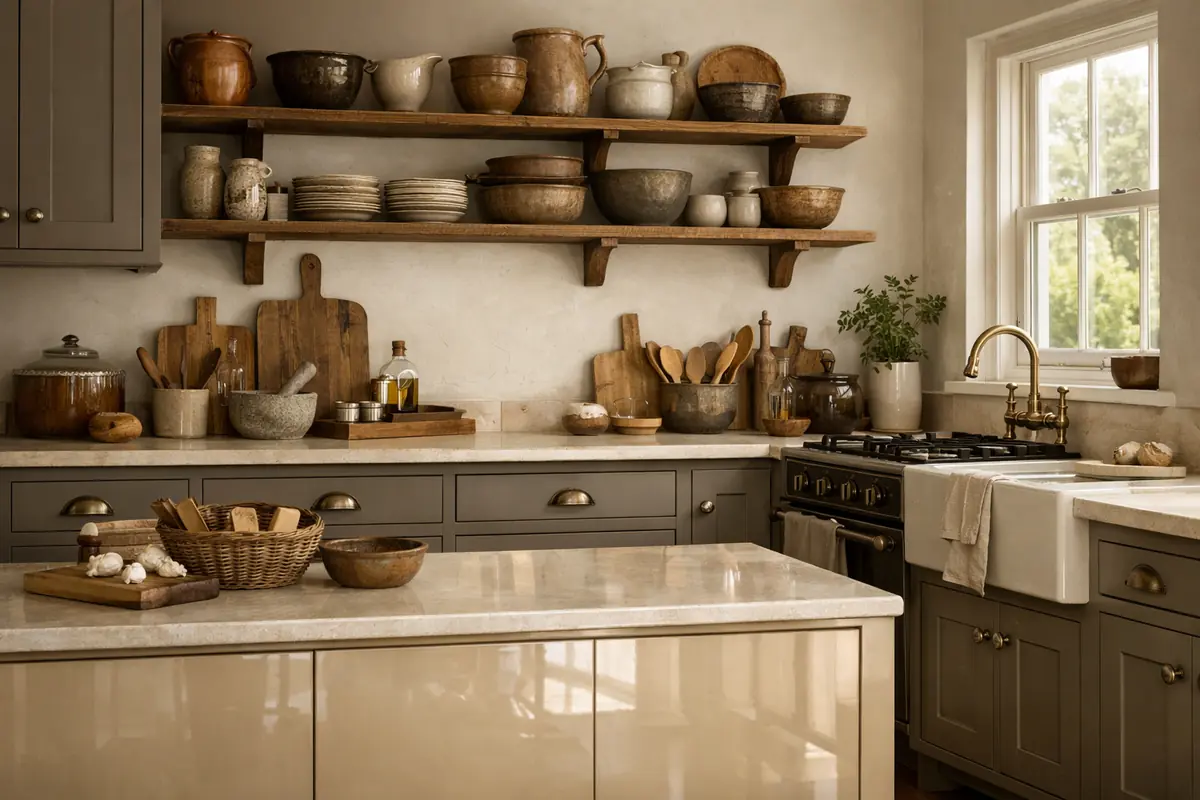 Cuisine avec des meubles taupe mat et une crédence beige brillant laqué, jouant sur les contrastes de textures et de luminosité.